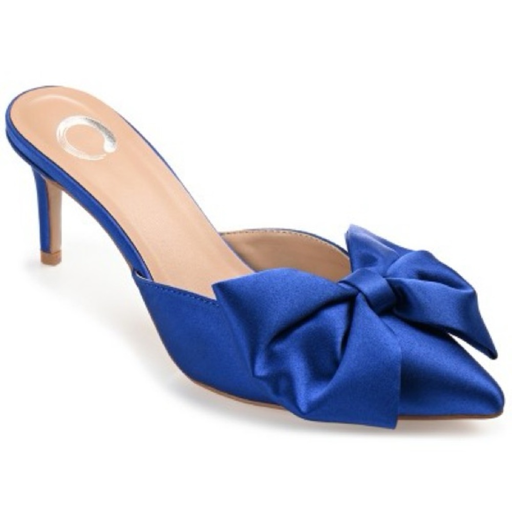 Elegant Blue Satin Bow Heels 8 Wide